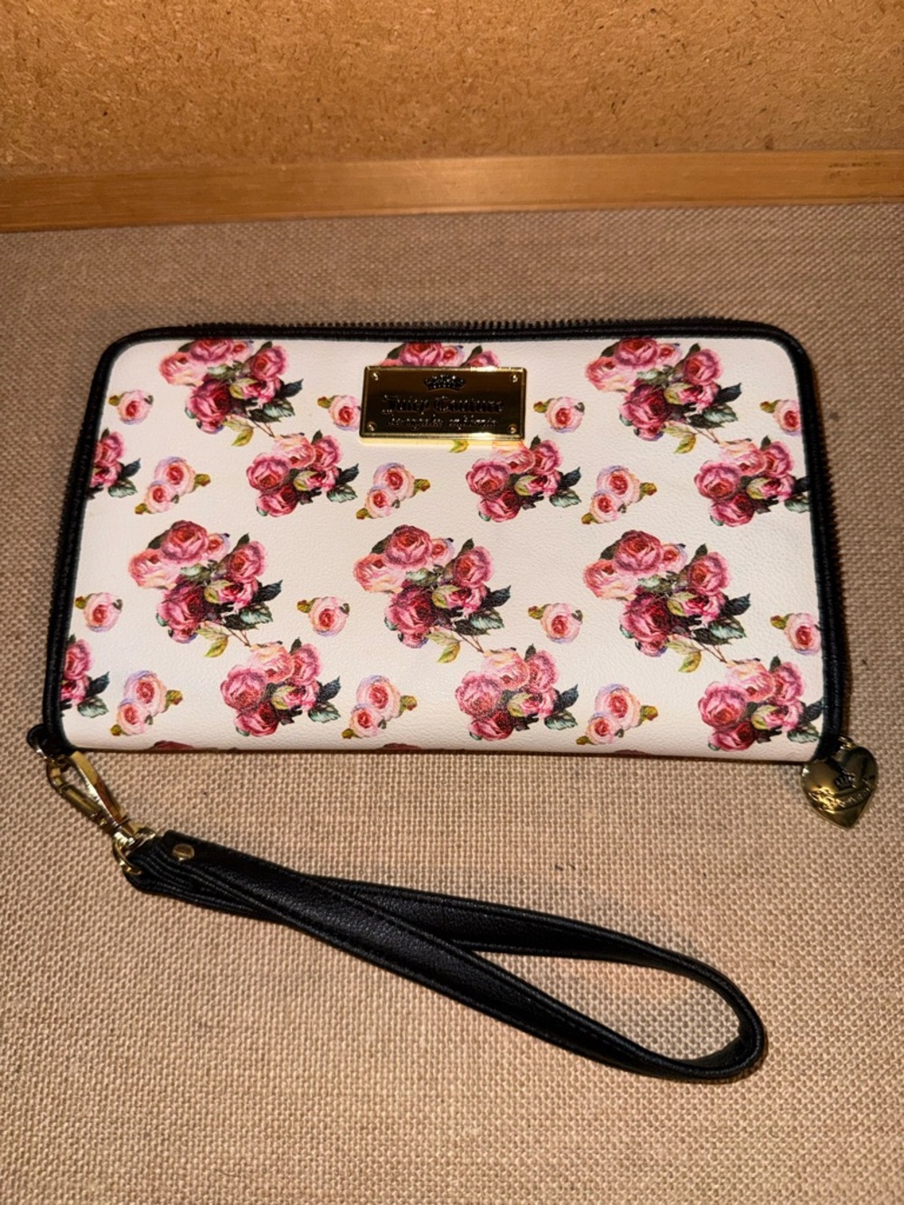 Juicy Couture Cream Wallet with Pink Rose Print and Black Wristlet